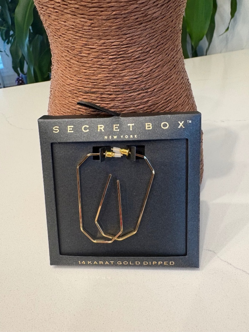 Secret Box New York Geo Shape 14K Gold dipped  2 Inch Long Earrings (V)